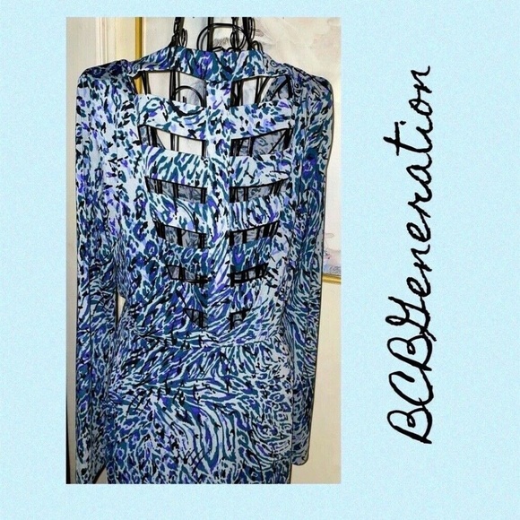 BCBGeneration BLUE ABSTRACT PRINT CAGED BACK DRESS, BLOUSON TOP~MEDIUM - Picture 2 of 5